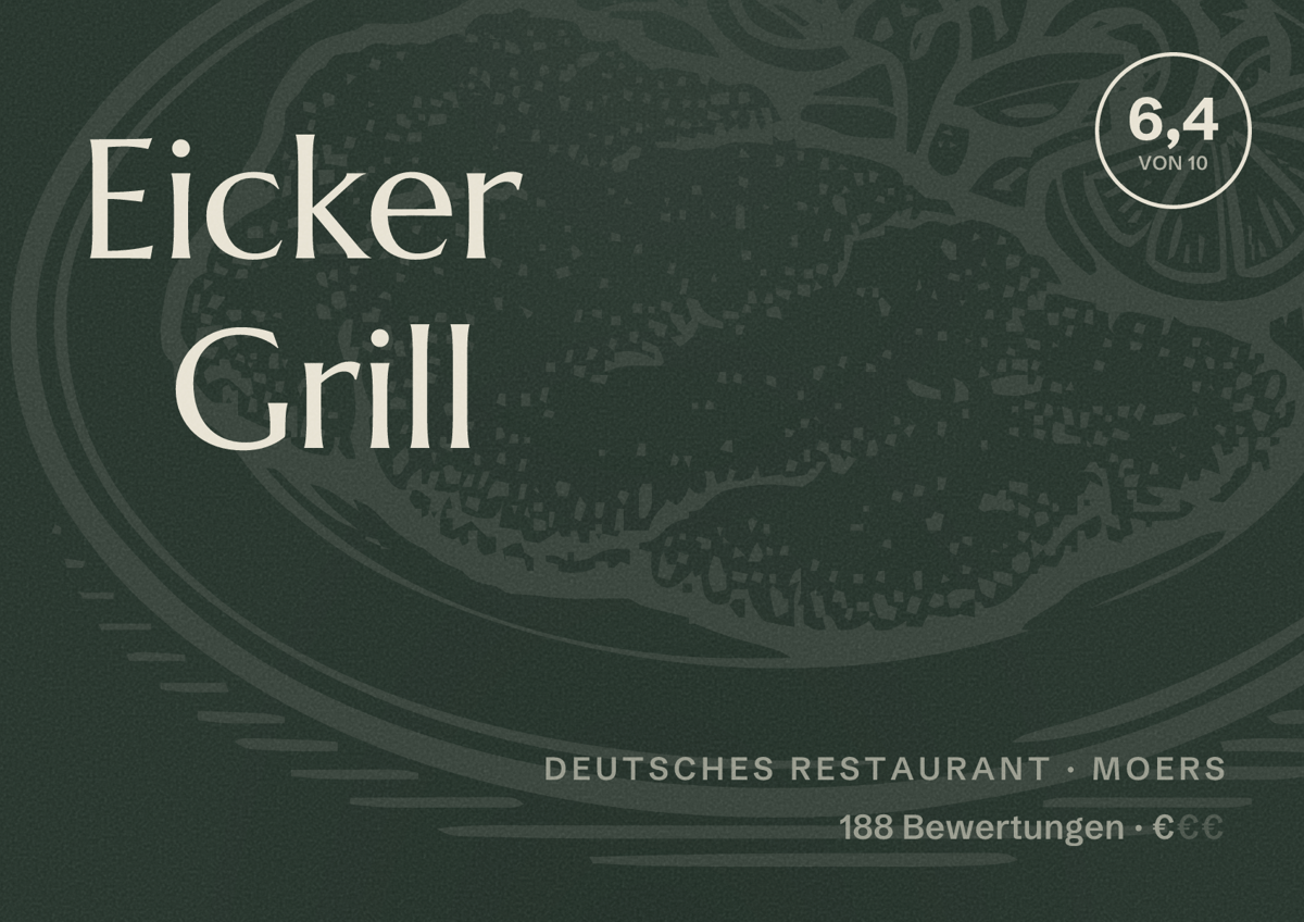 Illustriertes Poster von Eicker Grill, Deutsches Restaurant in Moers: Bewertung 6,4 von 10 aus 188 Bewertungen, Preisniveau €
