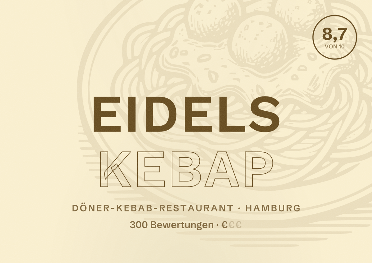 Illustriertes Poster von Eidels Kebap, Döner-Kebab-Restaurant in Hamburg: Bewertung 8,7 von 10 aus 300 Bewertungen, Preisniveau €