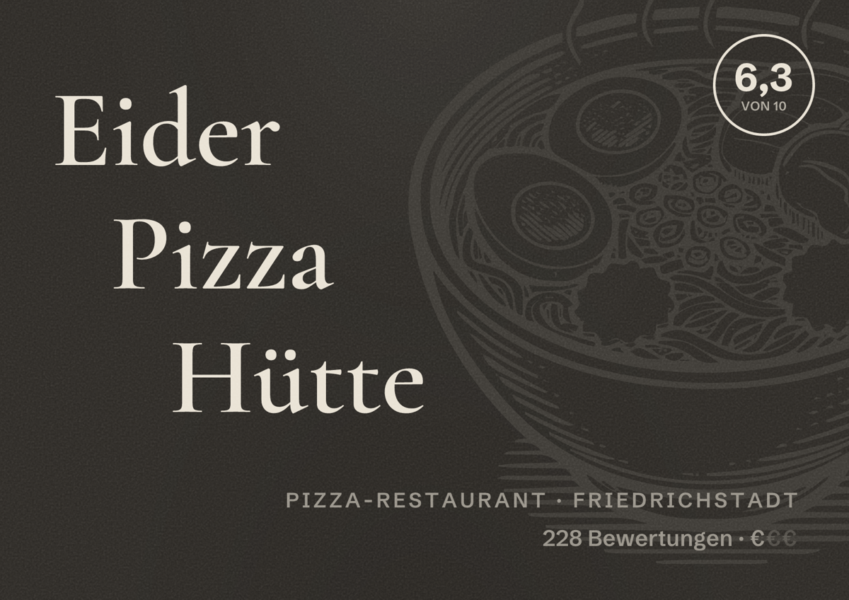 Illustriertes Poster von Eider Pizza Hütte, Pizza-Restaurant in Friedrichstadt: Bewertung 6,3 von 10 aus 228 Bewertungen, Preisniveau €