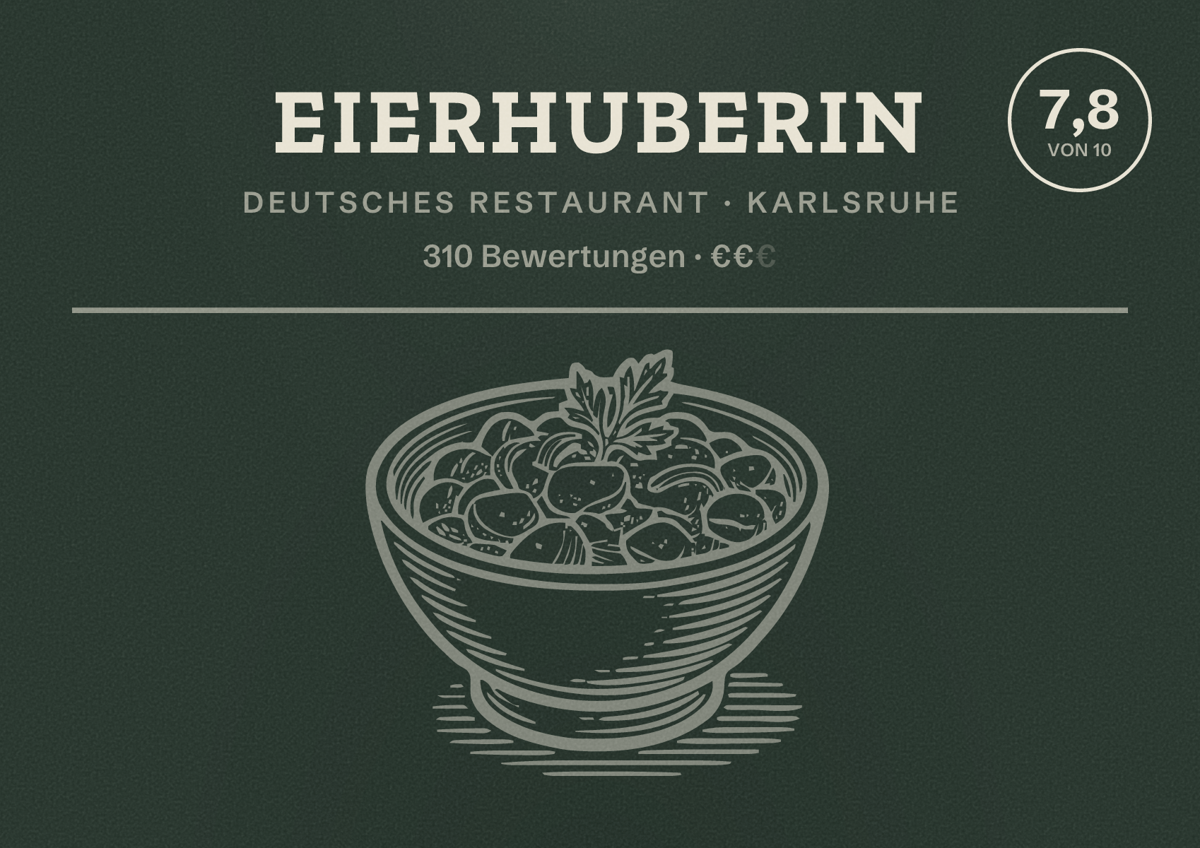 Illustriertes Poster von Eierhuberin, Deutsches Restaurant in Karlsruhe: Bewertung 7,8 von 10 aus 310 Bewertungen, Preisniveau €€