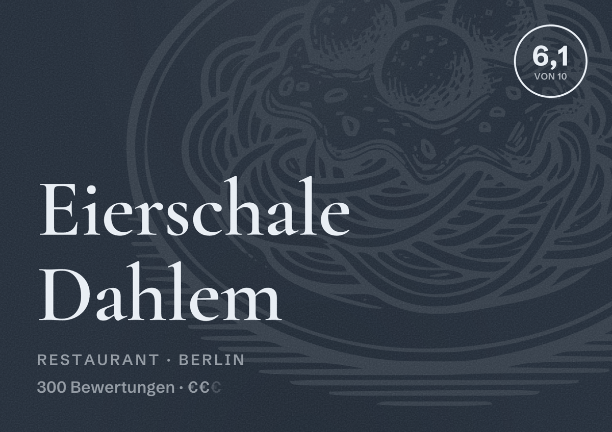 Illustriertes Poster von Eierschale Dahlem, Restaurant in Berlin: Bewertung 6,1 von 10 aus 300 Bewertungen, Preisniveau €€