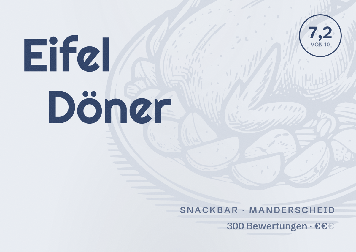 Illustriertes Poster von Eifel Döner, Snackbar in Manderscheid: Bewertung 7,2 von 10 aus 300 Bewertungen, Preisniveau €€