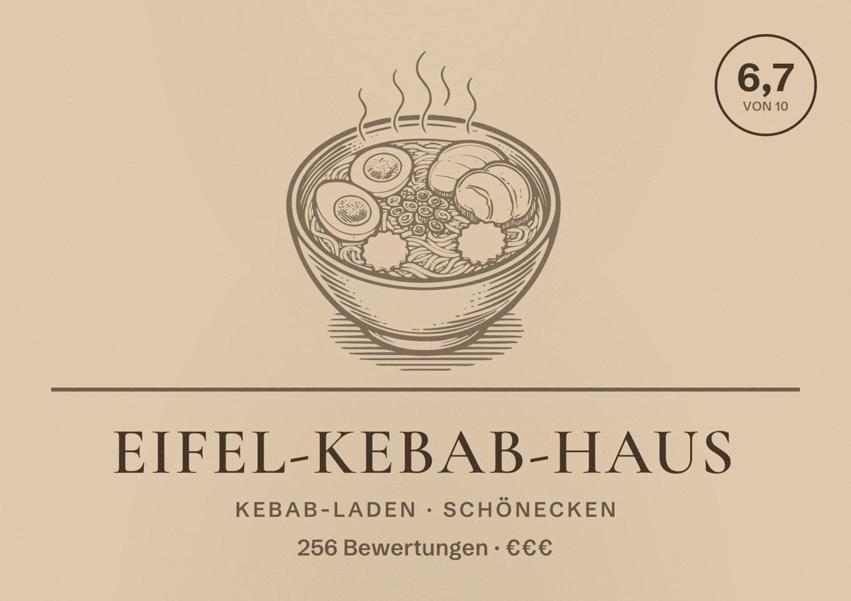 Illustriertes Poster von Eifel-Kebab-Haus, Kebab-Laden in Schönecken: Bewertung 6,7 von 10 aus 256 Bewertungen, Preisniveau €€€