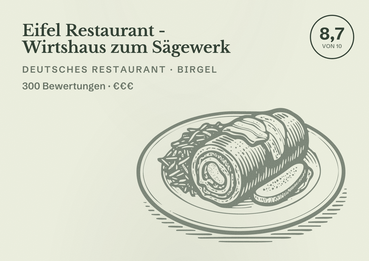 Illustriertes Poster von Eifel Restaurant - Wirtshaus zum Sägewerk, Deutsches Restaurant in Birgel: Bewertung 8,7 von 10 aus 300 Bewertungen, Preisniveau €€€
