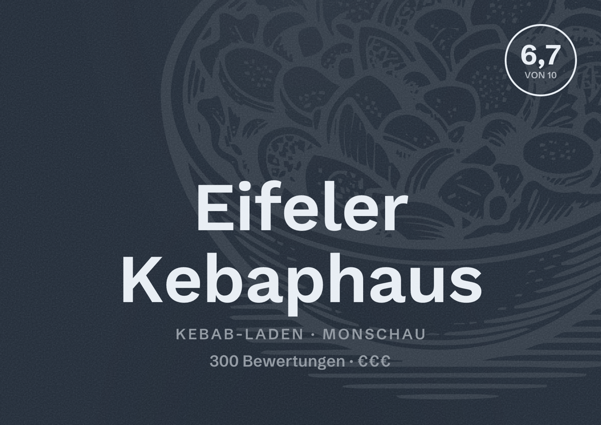 Illustriertes Poster von Eifeler Kebaphaus, Kebab-Laden in Monschau: Bewertung 6,7 von 10 aus 300 Bewertungen, Preisniveau €€€