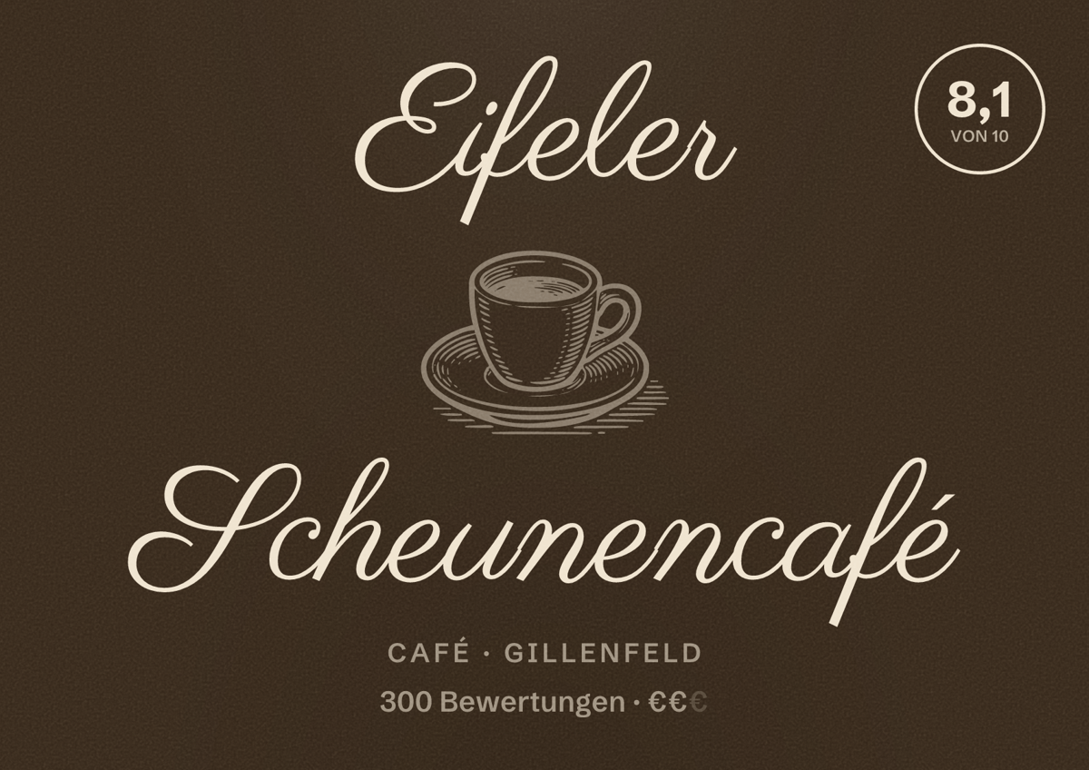 Illustriertes Poster von Eifeler Scheunencafé, Café in Gillenfeld: Bewertung 8,1 von 10 aus 300 Bewertungen, Preisniveau €€