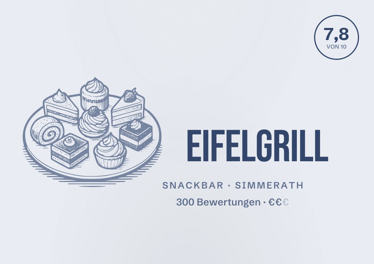 Illustriertes Poster von Eifelgrill, Snackbar in Simmerath: Bewertung 7,8 von 10 aus 300 Bewertungen, Preisniveau €€