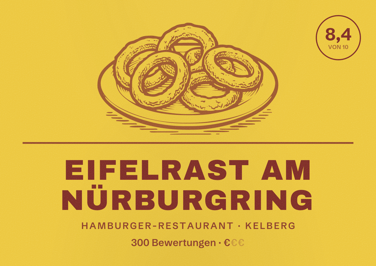 Illustriertes Poster von Eifelrast am Nürburgring, Hamburger-Restaurant in Kelberg: Bewertung 8,4 von 10 aus 300 Bewertungen, Preisniveau €