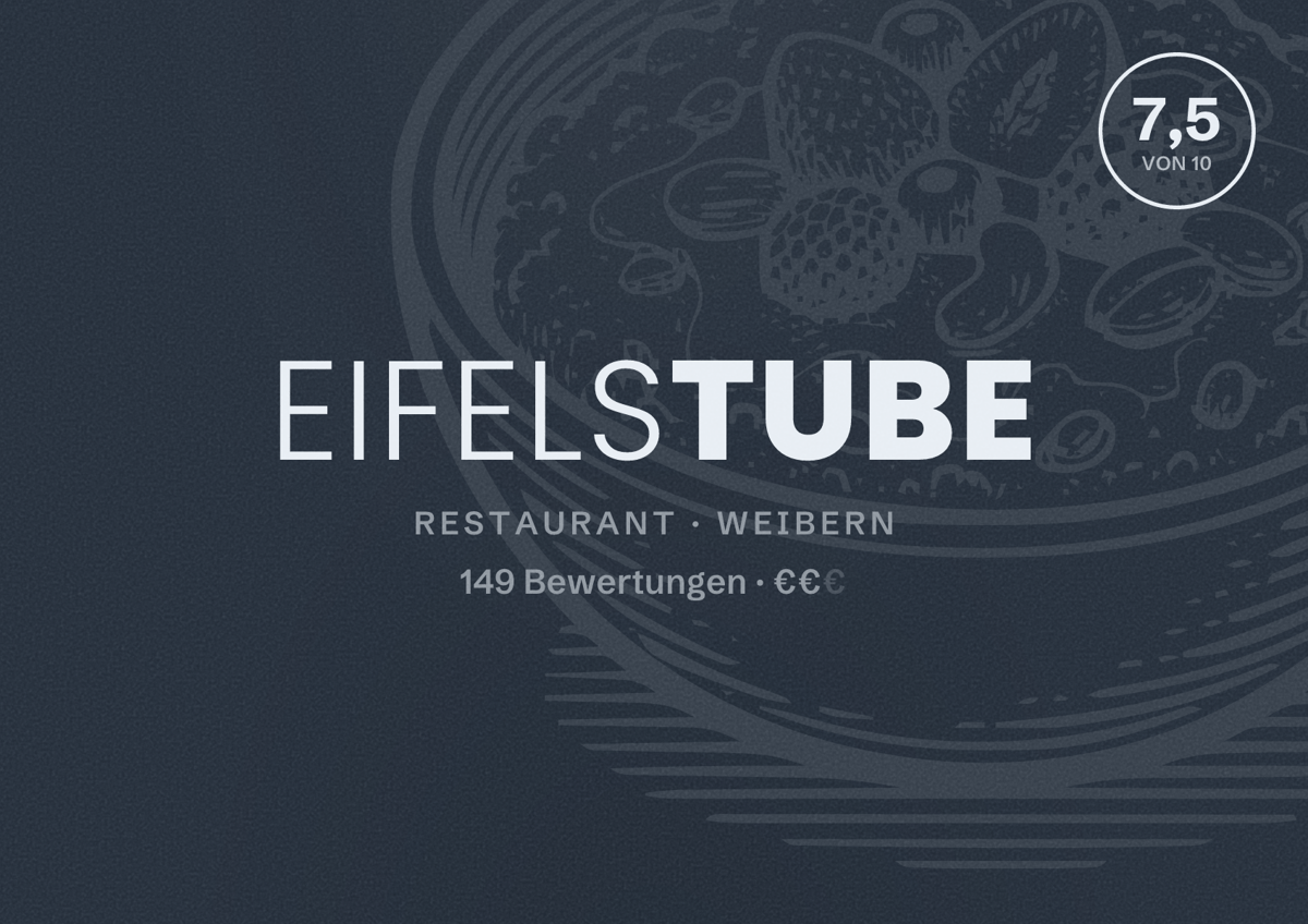 Illustriertes Poster von Eifelstube, Restaurant in Weibern: Bewertung 7,5 von 10 aus 149 Bewertungen, Preisniveau €€
