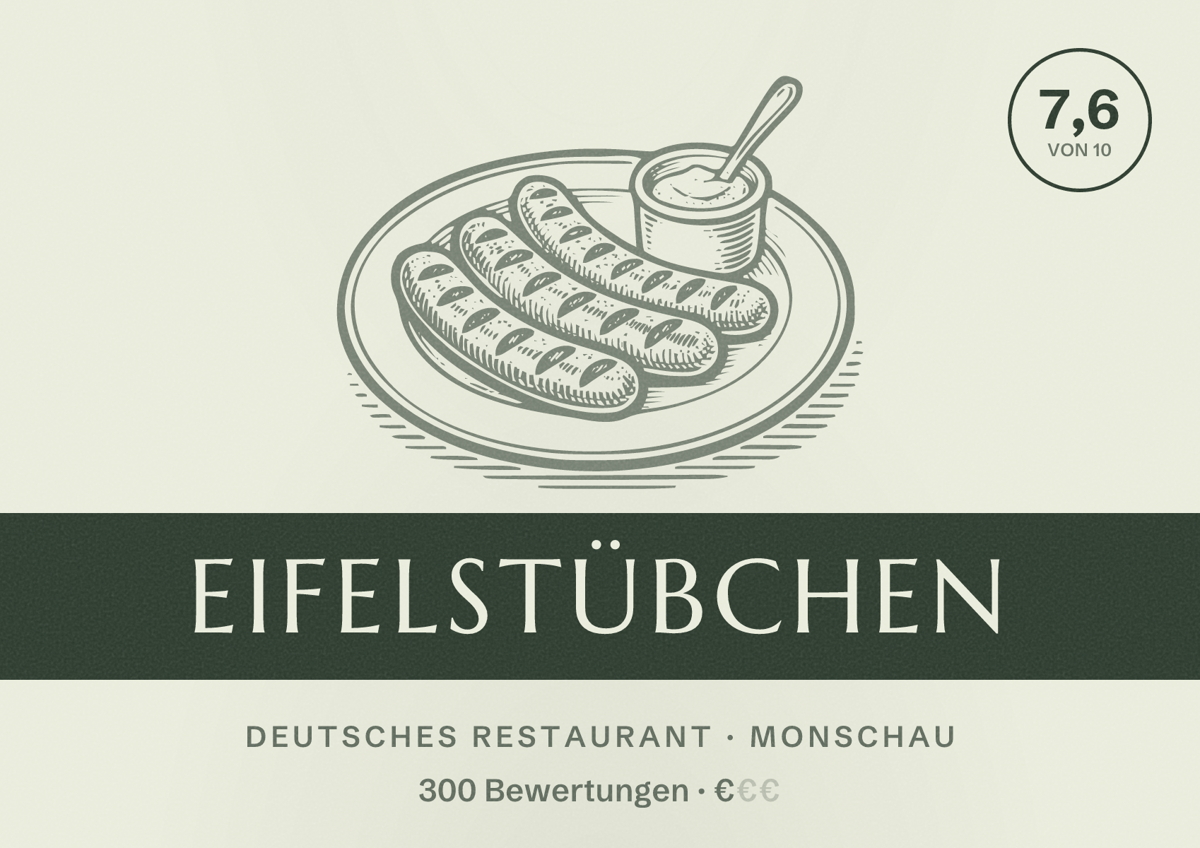 Illustriertes Poster von Eifelstübchen, Deutsches Restaurant in Monschau: Bewertung 7,6 von 10 aus 300 Bewertungen, Preisniveau €