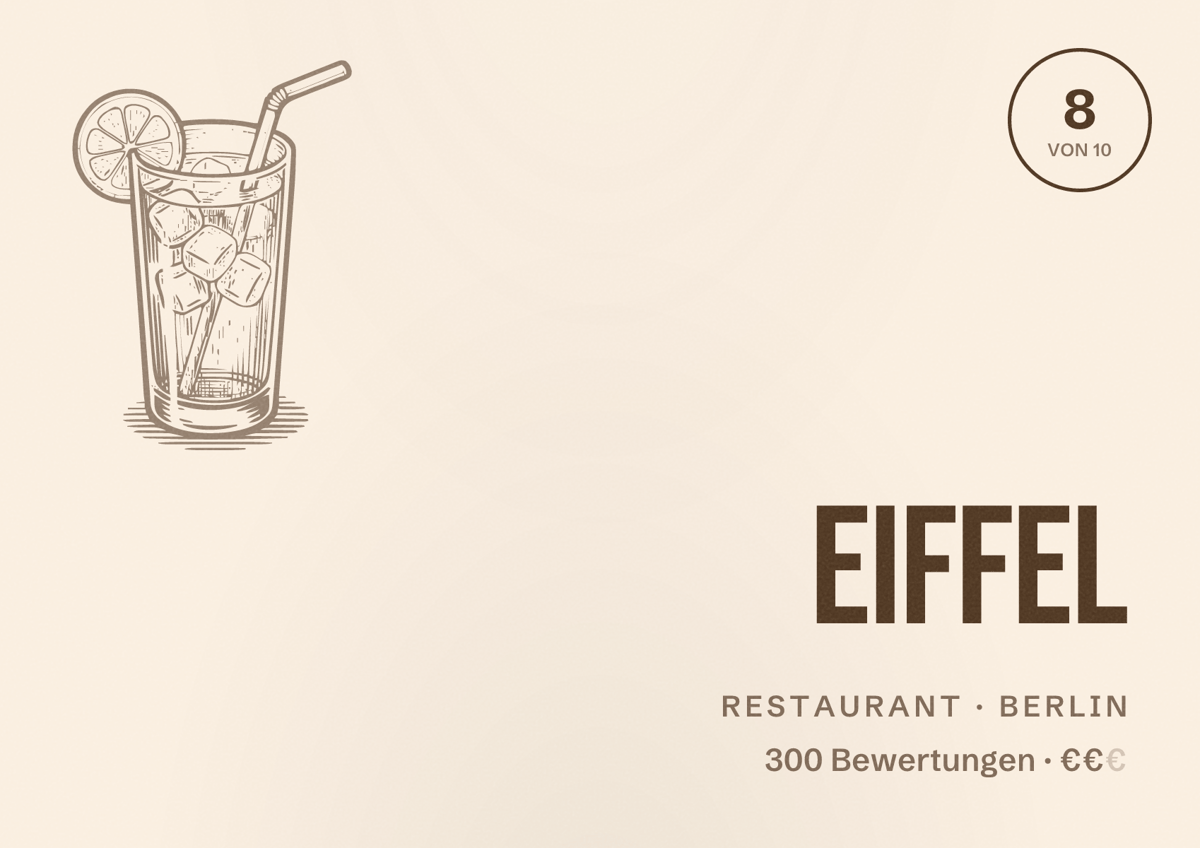 Illustriertes Poster von Eiffel, Restaurant in Berlin: Bewertung 8,0 von 10 aus 300 Bewertungen, Preisniveau €€