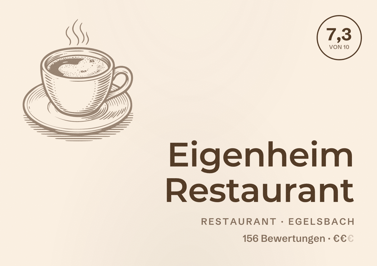 Illustriertes Poster von Eigenheim Restaurant, Restaurant in Egelsbach: Bewertung 7,3 von 10 aus 156 Bewertungen, Preisniveau €€