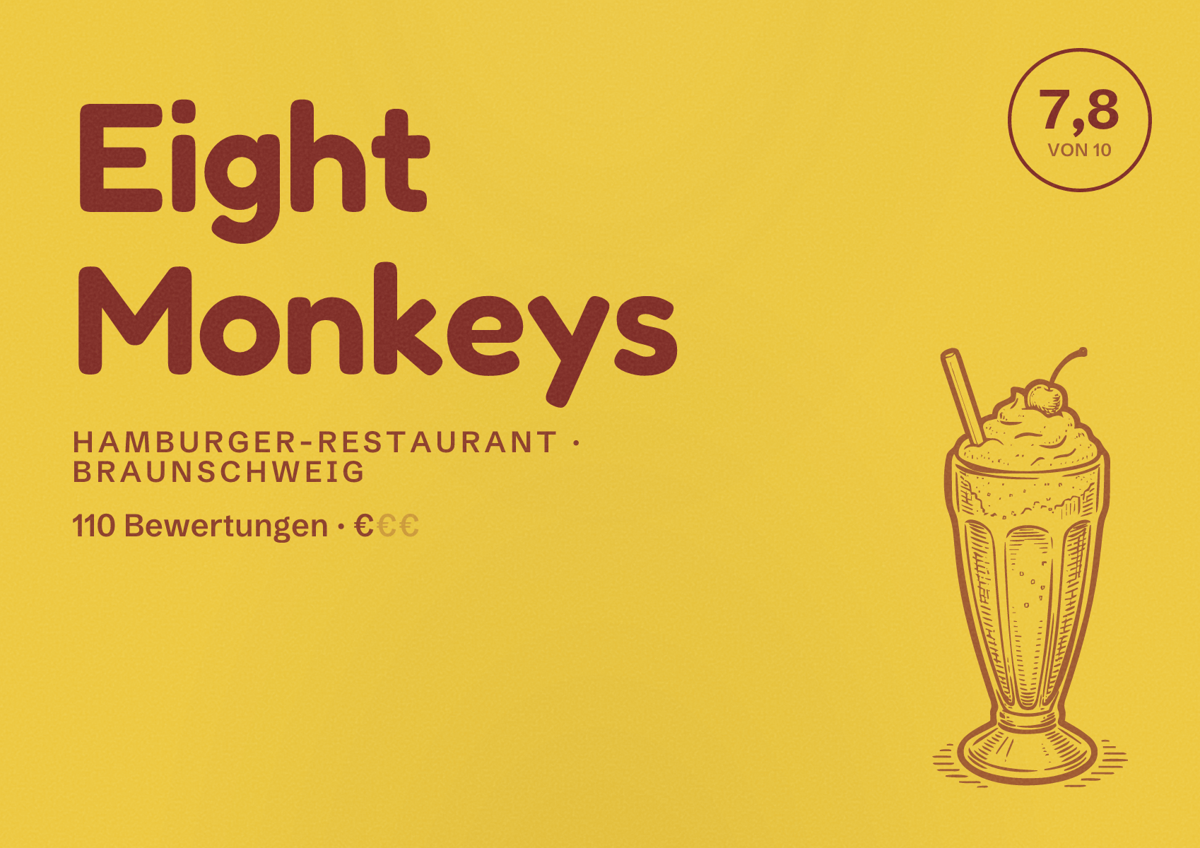 Illustriertes Poster von Eight Monkeys, Hamburger-Restaurant in Braunschweig: Bewertung 7,8 von 10 aus 110 Bewertungen, Preisniveau €
