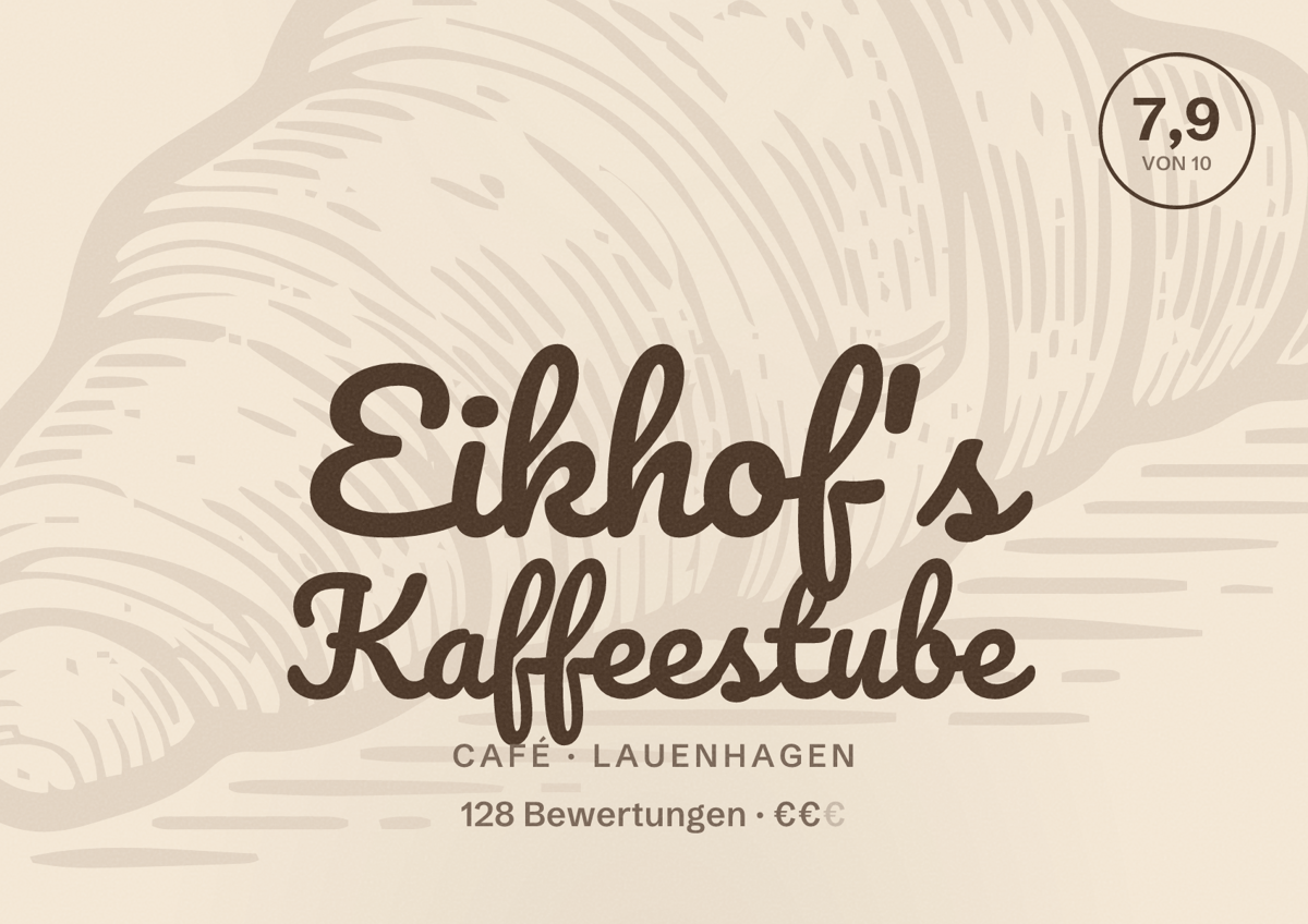 Illustriertes Poster von Eikhof's Kaffeestube, Café in Lauenhagen: Bewertung 7,9 von 10 aus 128 Bewertungen, Preisniveau €€