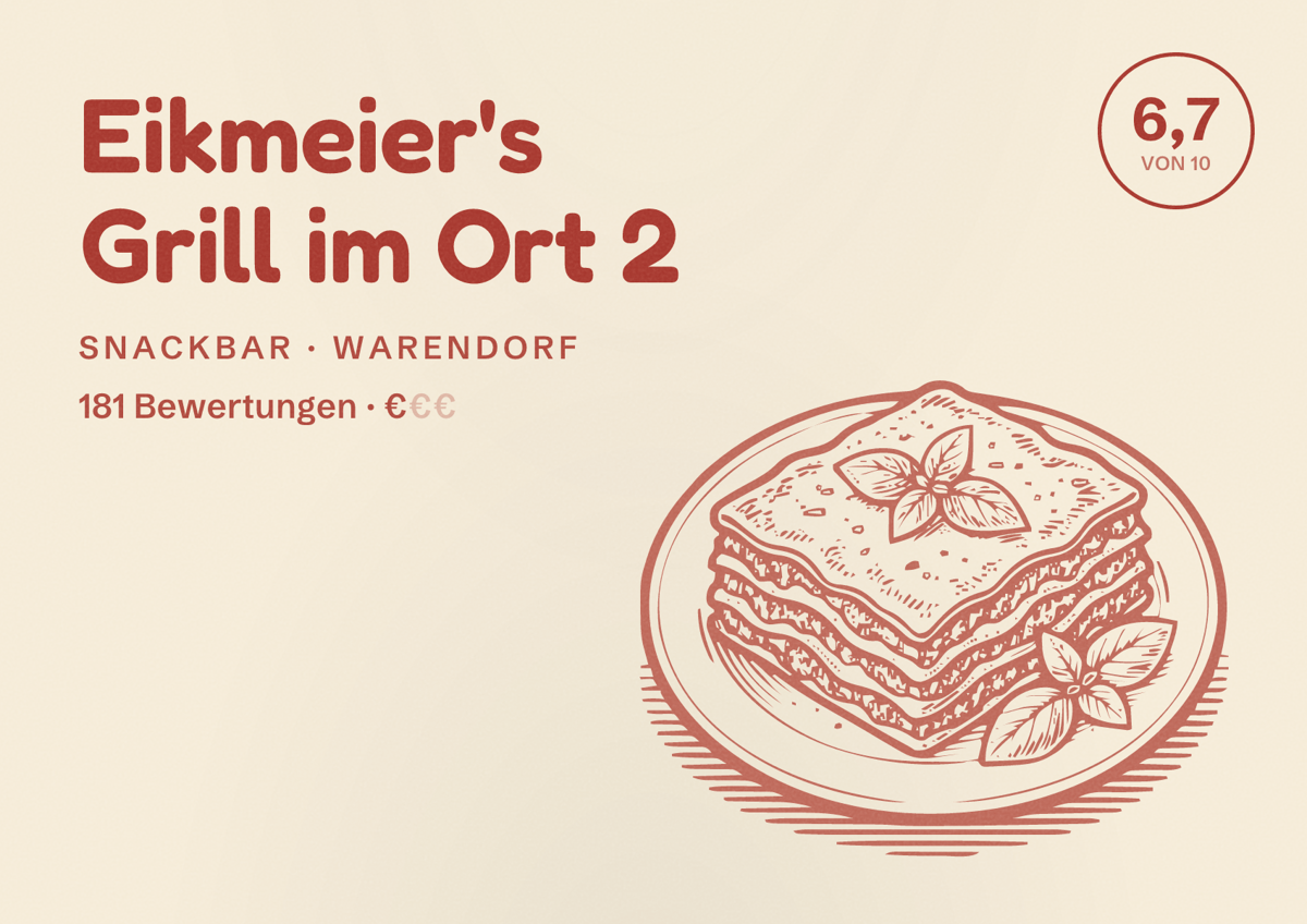 Illustriertes Poster von Eikmeier's Grill im Ort 2, Snackbar in Warendorf: Bewertung 6,7 von 10 aus 181 Bewertungen, Preisniveau €