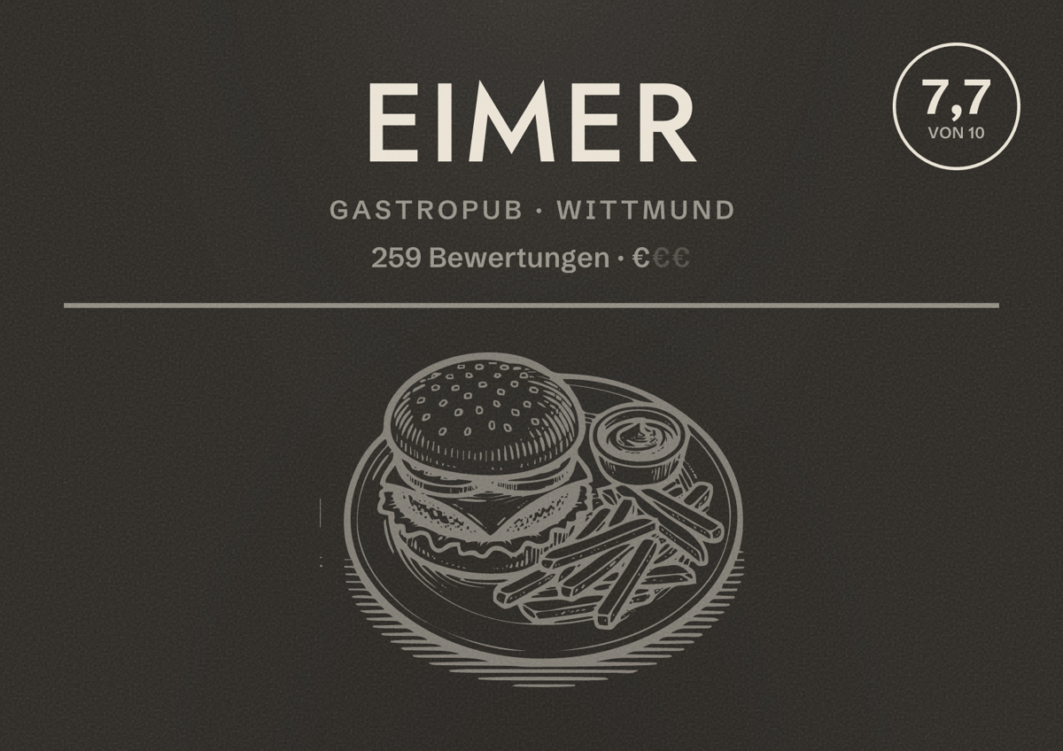 Illustriertes Poster von Eimer, Gastropub in Wittmund: Bewertung 7,7 von 10 aus 259 Bewertungen, Preisniveau €