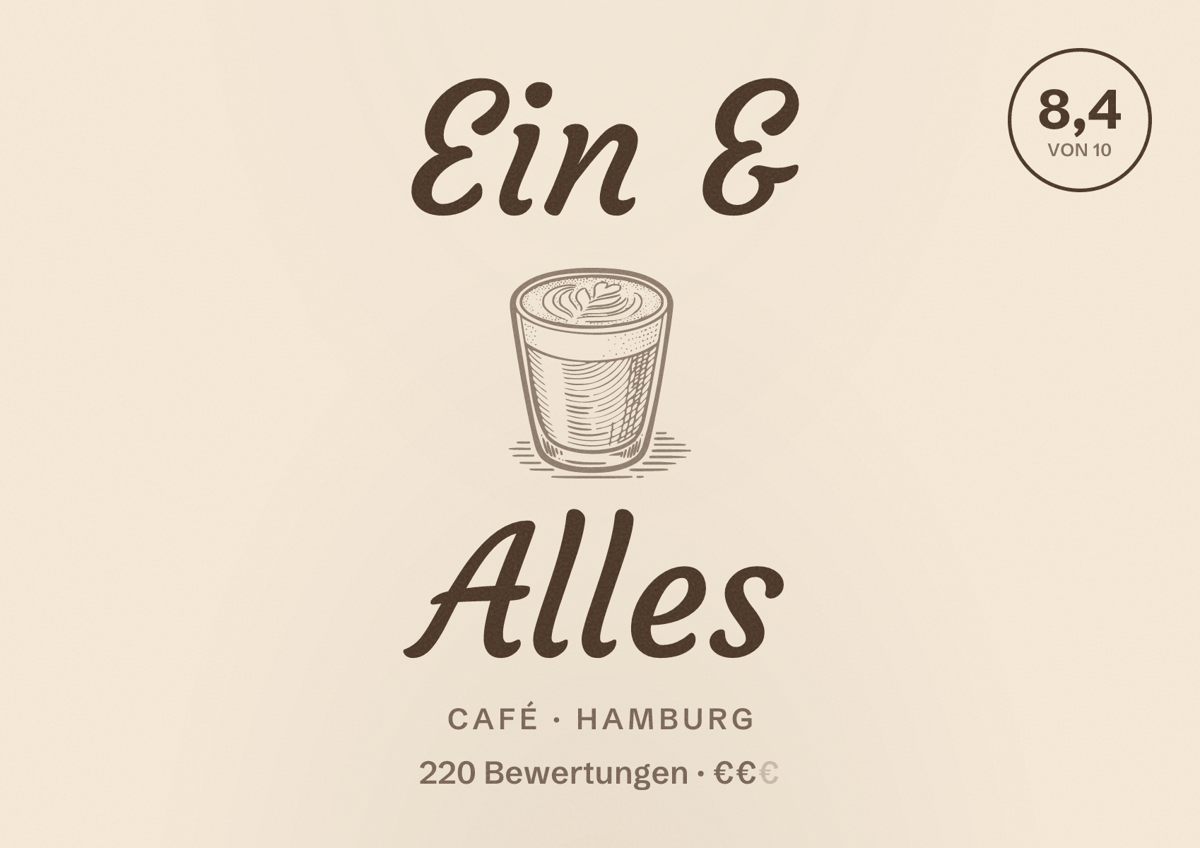 Illustriertes Poster von Ein & Alles, Café in Hamburg: Bewertung 8,4 von 10 aus 220 Bewertungen, Preisniveau €€
