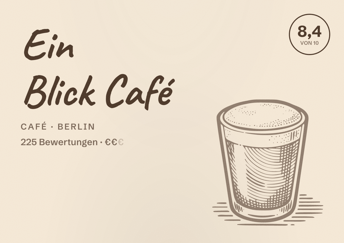 Illustriertes Poster von Ein Blick Café, Café in Berlin: Bewertung 8,4 von 10 aus 225 Bewertungen, Preisniveau €€