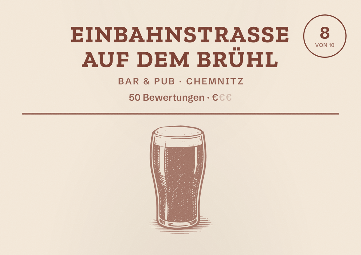 Illustriertes Poster von Einbahnstraße auf dem Brühl, Bar & Pub in Chemnitz: Bewertung 8 von 10 aus 50 Bewertungen, Preisniveau €