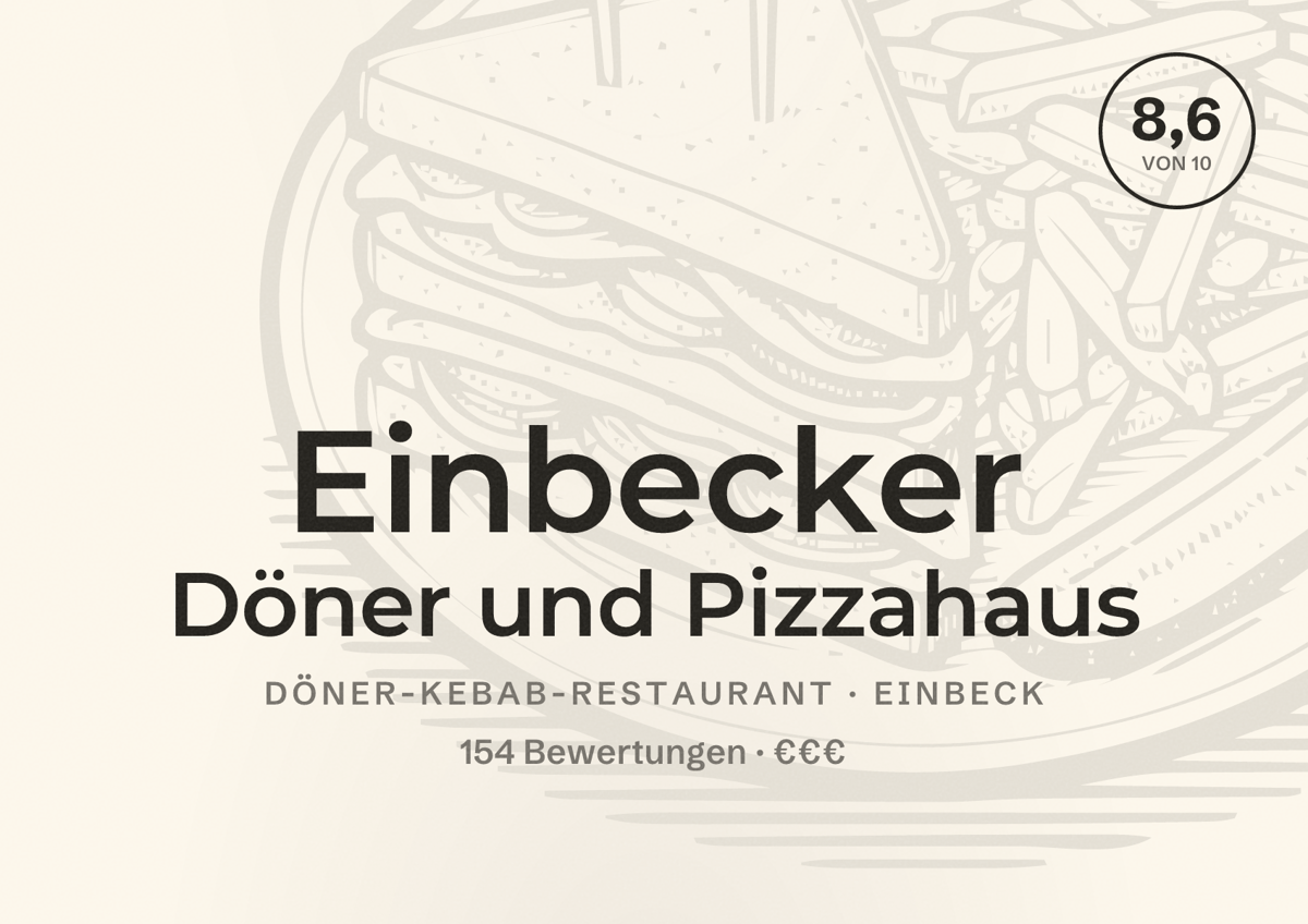Illustriertes Poster von Einbecker Döner und Pizzahaus, Döner-Kebab-Restaurant in Einbeck: Bewertung 8,6 von 10 aus 154 Bewertungen, Preisniveau €€€