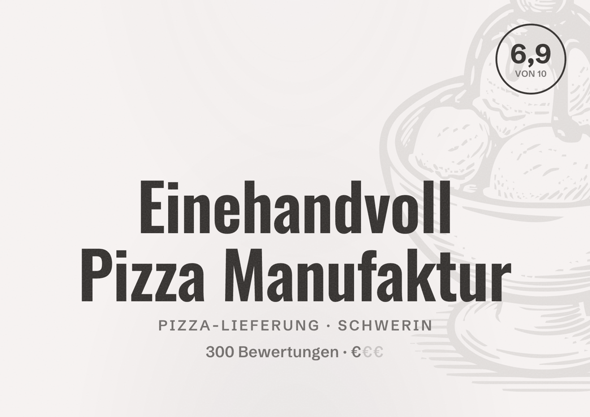 Illustriertes Poster von Einehandvoll Pizza Manufaktur, Pizza-Lieferung in Schwerin: Bewertung 6,9 von 10 aus 300 Bewertungen, Preisniveau €