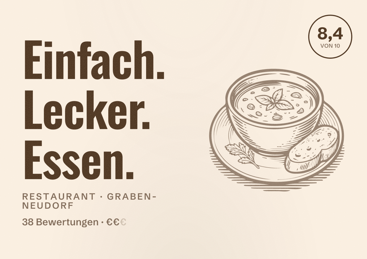 Illustriertes Poster von Einfach. Lecker. Essen., Restaurant in Graben-Neudorf: Bewertung 8,4 von 10 aus 38 Bewertungen, Preisniveau €€