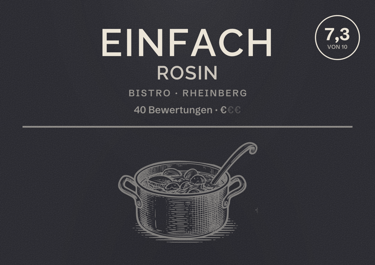Illustriertes Poster von Einfach Rosin, Bistro in Rheinberg: Bewertung 7,3 von 10 aus 40 Bewertungen, Preisniveau €