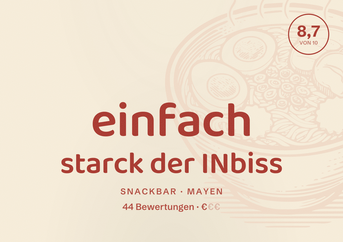 Illustriertes Poster von einfach starck der INbiss, Snackbar in Mayen: Bewertung 8,7 von 10 aus 44 Bewertungen, Preisniveau €