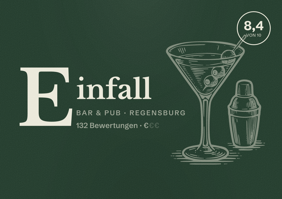 Illustriertes Poster von Einfall, Bar & Pub in Regensburg: Bewertung 8,4 von 10 aus 132 Bewertungen, Preisniveau €