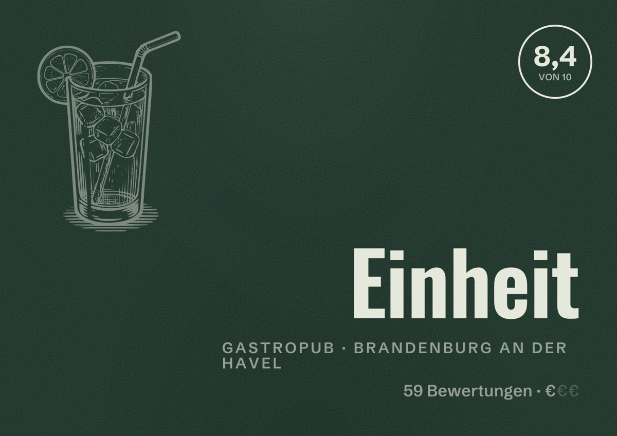 Illustriertes Poster von Einheit, Gastropub in Brandenburg an der Havel: Bewertung 8,4 von 10 aus 59 Bewertungen, Preisniveau €