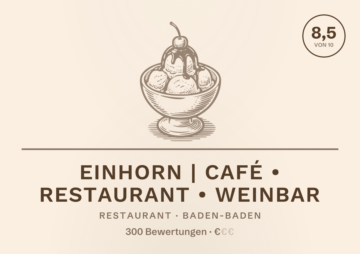 Illustriertes Poster von Einhorn | Café • Restaurant • Weinbar, Restaurant in Baden-Baden: Bewertung 8,5 von 10 aus 300 Bewertungen, Preisniveau €