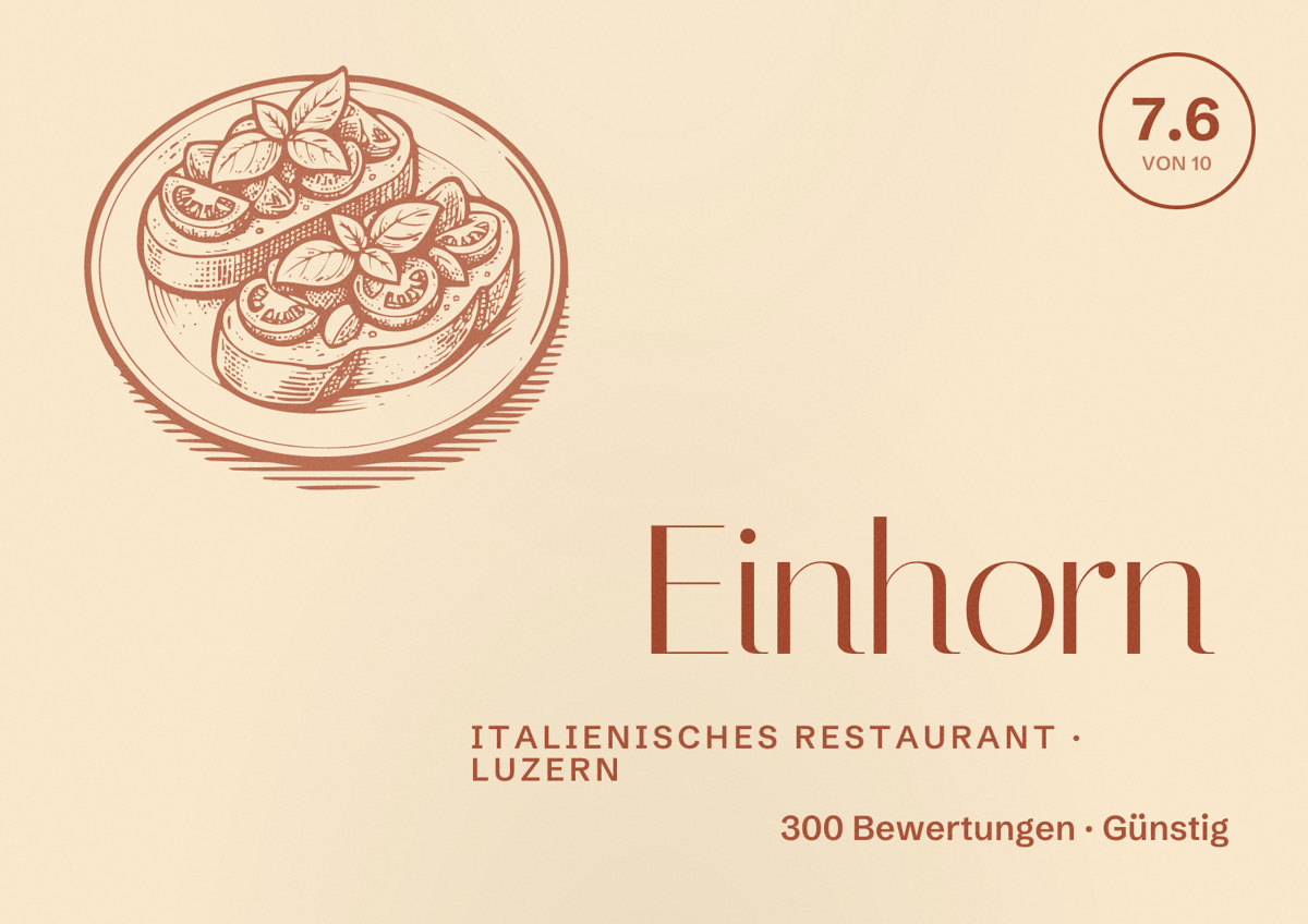Illustriertes Poster von Einhorn, Italienisches Restaurant in Luzern: Bewertung 7.6 von 10 aus 300 Bewertungen, Preisniveau Günstig