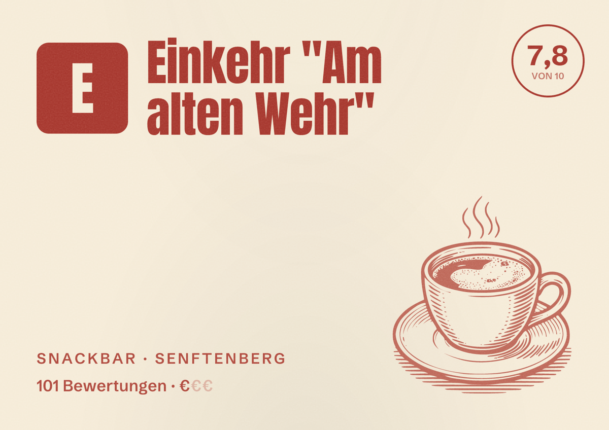 Illustriertes Poster von Einkehr "Am alten Wehr", Snackbar in Senftenberg: Bewertung 7,8 von 10 aus 101 Bewertungen, Preisniveau €