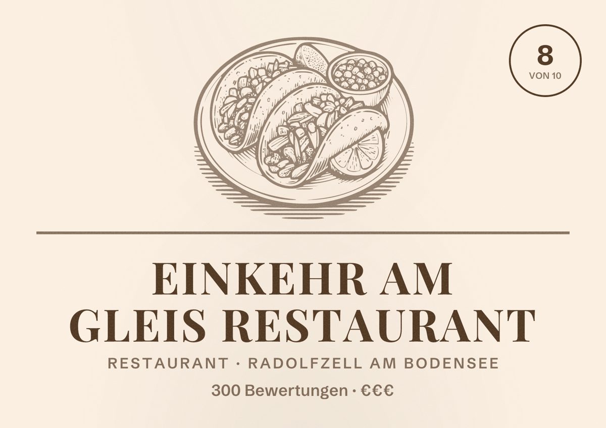 Illustriertes Poster von EINKEHR am Gleis Restaurant, Restaurant in Radolfzell am Bodensee: Bewertung 8 von 10 aus 300 Bewertungen, Preisniveau €€€