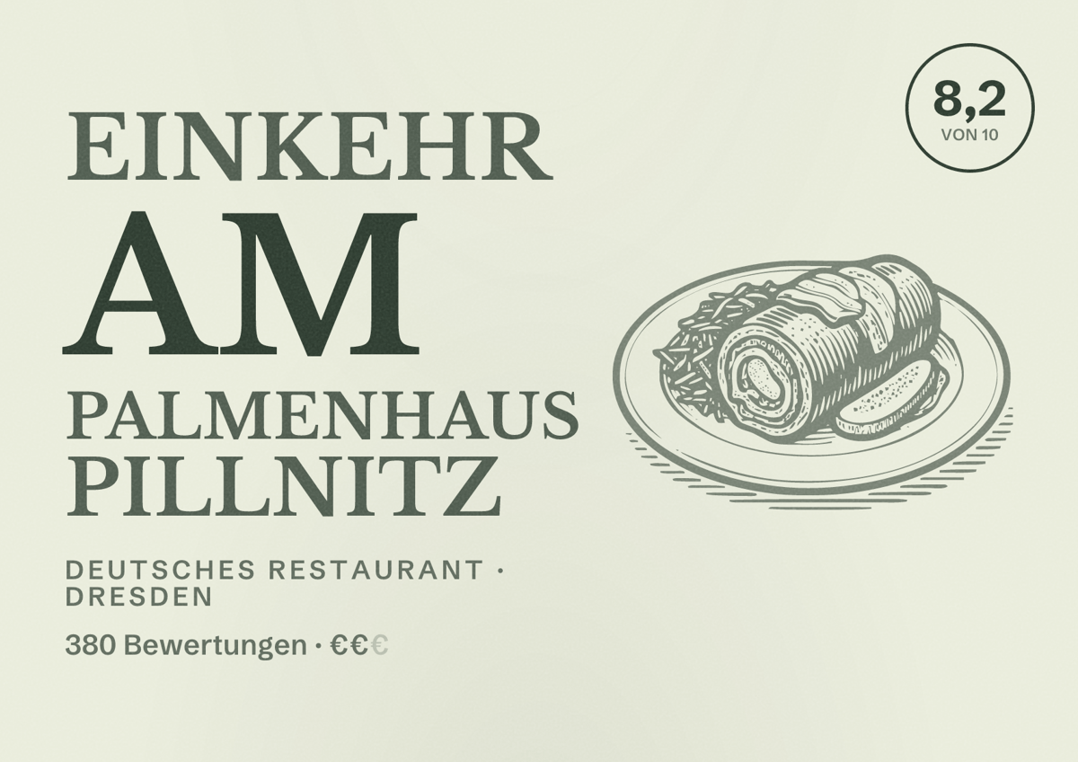 Illustriertes Poster von Einkehr am Palmenhaus Pillnitz, Deutsches Restaurant in Dresden: Bewertung 8,2 von 10 aus 380 Bewertungen, Preisniveau €€