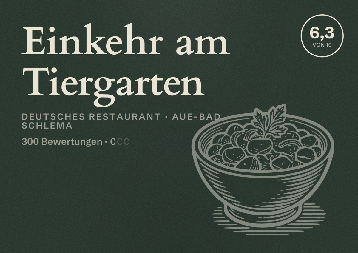 Illustriertes Poster von Einkehr am Tiergarten, Deutsches Restaurant in Aue-Bad Schlema: Bewertung 6,3 von 10 aus 300 Bewertungen, Preisniveau €