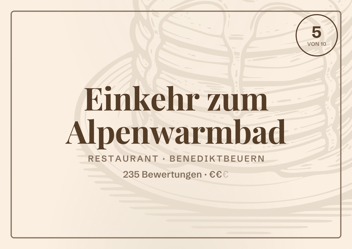 Illustriertes Poster von Einkehr zum Alpenwarmbad, Restaurant in Benediktbeuern: Bewertung 5 von 10 aus 235 Bewertungen, Preisniveau €€
