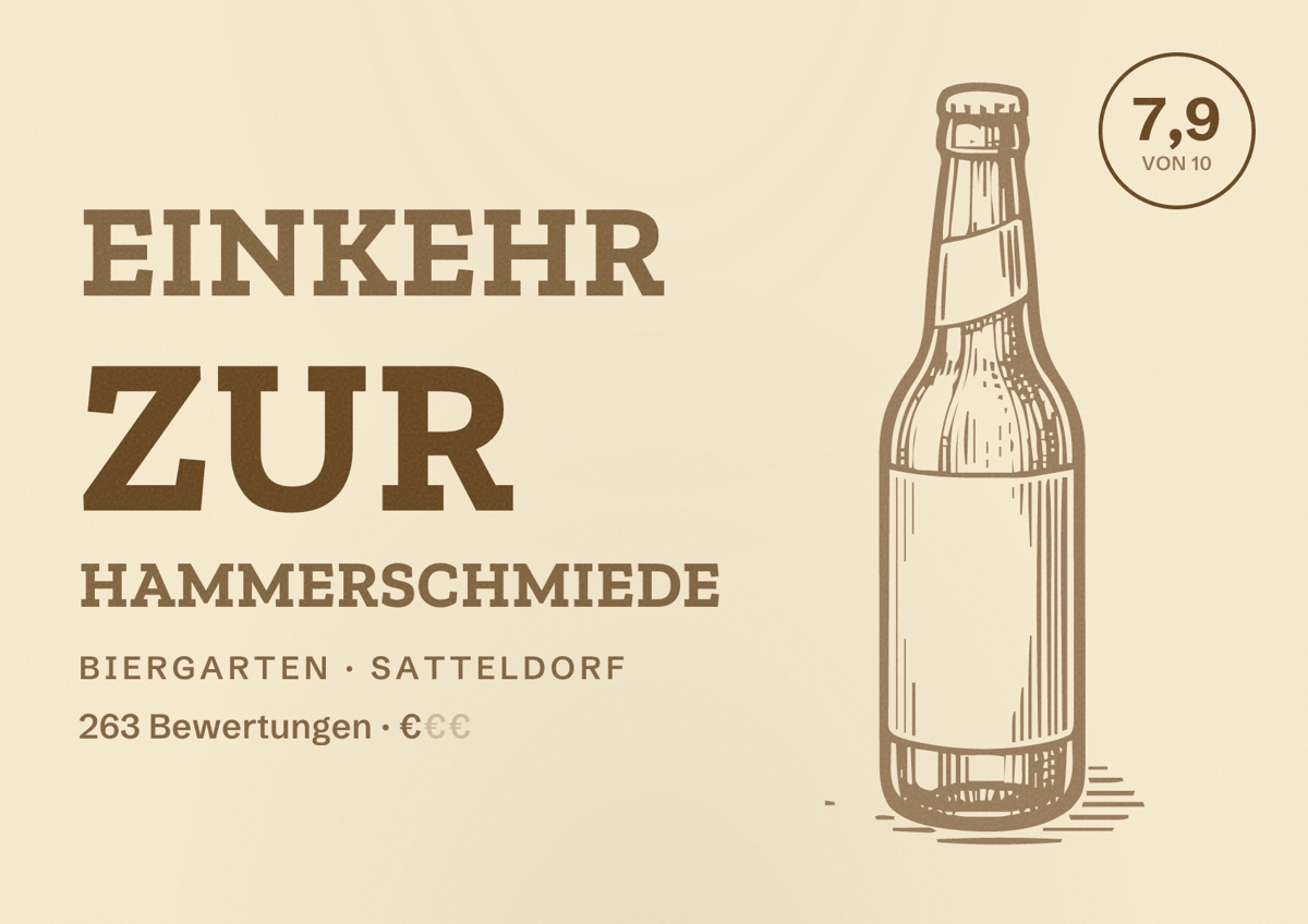 Illustriertes Poster von Einkehr zur Hammerschmiede, Biergarten in Satteldorf: Bewertung 7,9 von 10 aus 263 Bewertungen, Preisniveau €