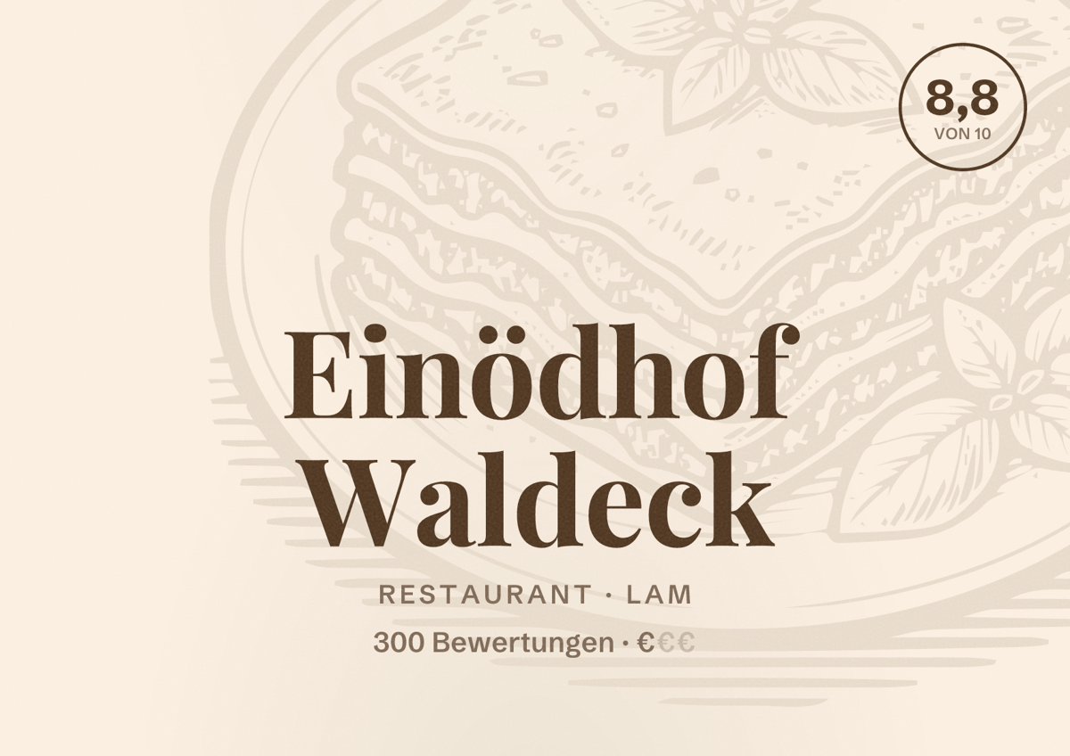 Illustriertes Poster von Einödhof Waldeck, Restaurant in Lam: Bewertung 8,8 von 10 aus 300 Bewertungen, Preisniveau €