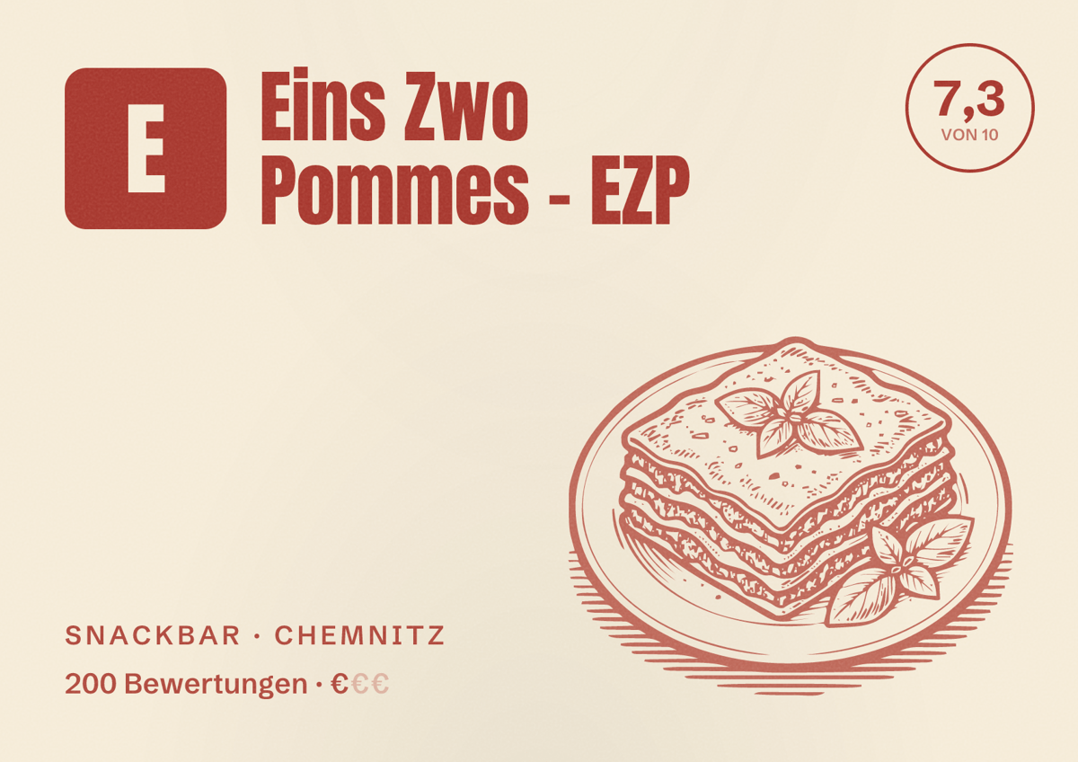Illustriertes Poster von Eins Zwo Pommes - EZP, Snackbar in Chemnitz: Bewertung 7,3 von 10 aus 200 Bewertungen, Preisniveau €