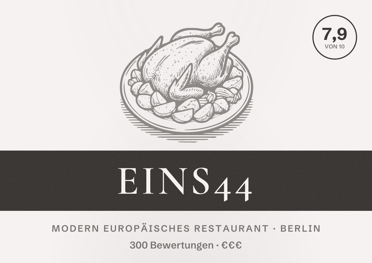 Illustriertes Poster von Eins44, Modern europäisches Restaurant in Berlin: Bewertung 7,9 von 10 aus 300 Bewertungen, Preisniveau €€€