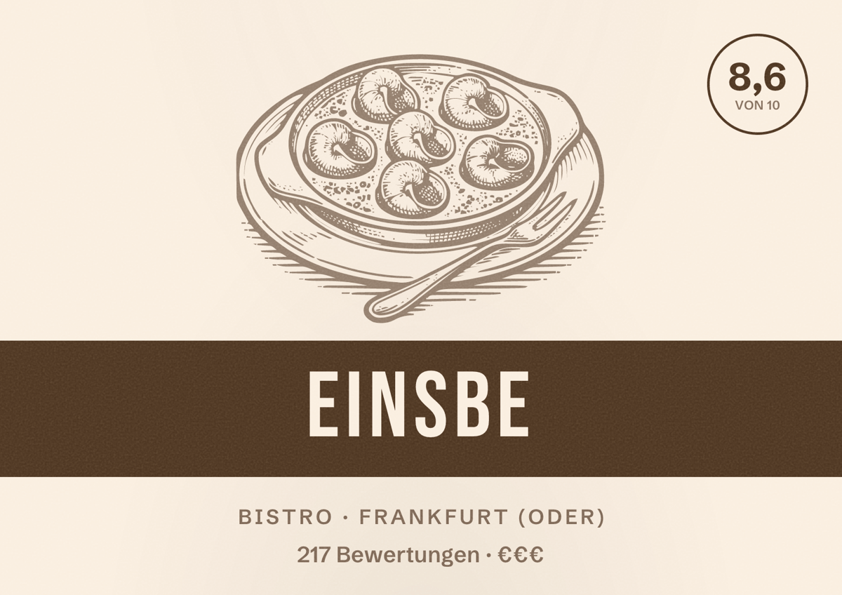 Illustriertes Poster von EinsBe, Bistro in Frankfurt (Oder): Bewertung 8,6 von 10 aus 217 Bewertungen, Preisniveau €€€