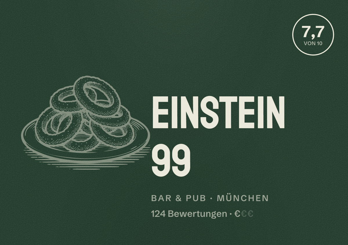 Illustriertes Poster von Einstein 99, Bar & Pub in München: Bewertung 7,7 von 10 aus 124 Bewertungen, Preisniveau €