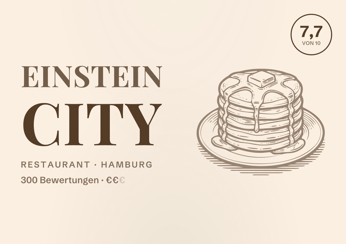 Illustriertes Poster von Einstein City, Restaurant in Hamburg: Bewertung 7,7 von 10 aus 300 Bewertungen, Preisniveau €€