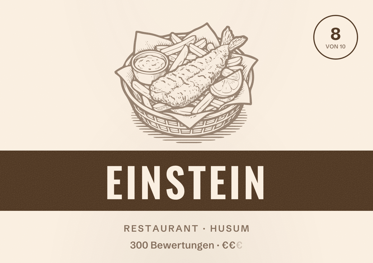 Illustriertes Poster von Einstein, Restaurant in Husum: Bewertung 8 von 10 aus 300 Bewertungen, Preisniveau €€