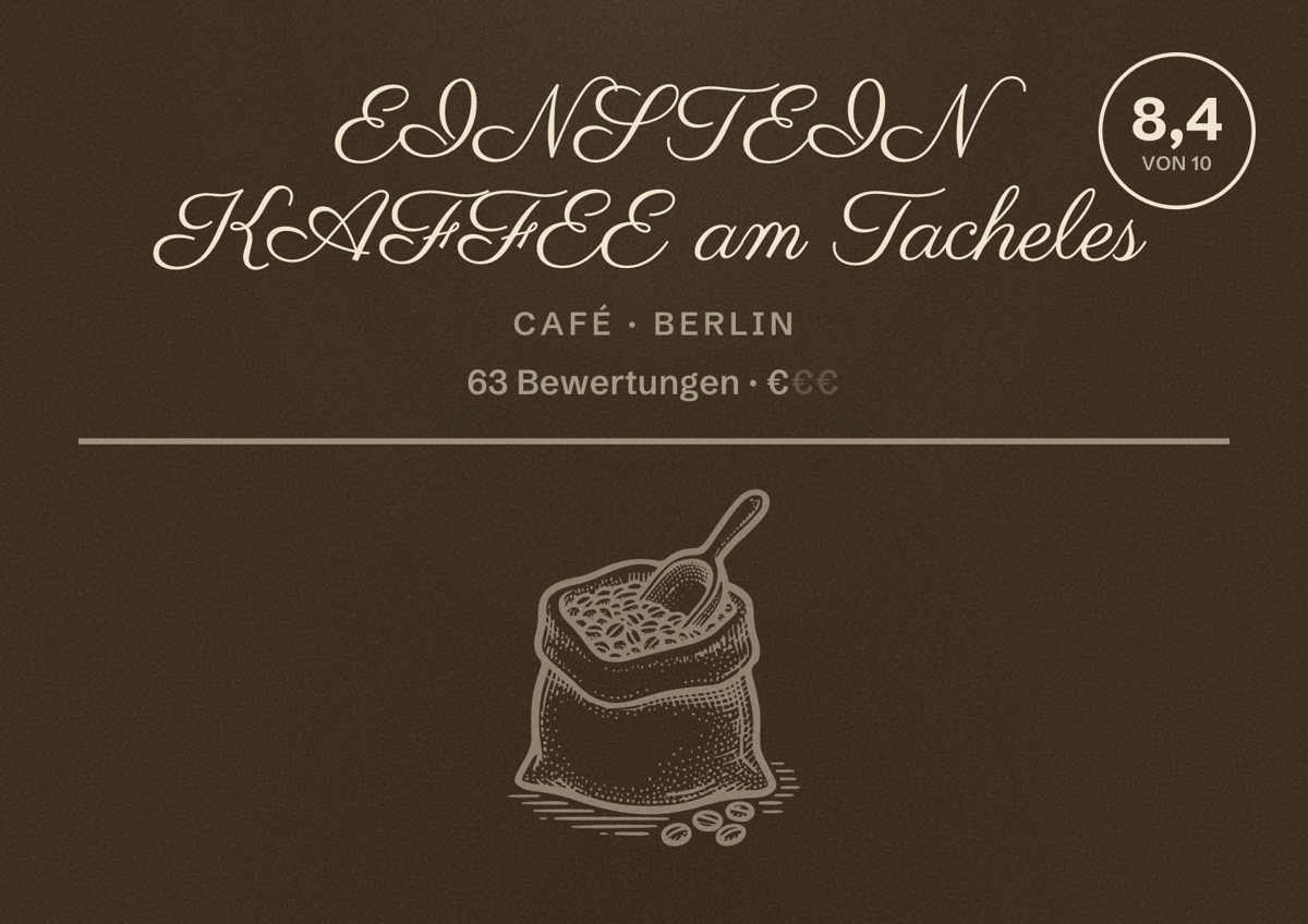 Illustriertes Poster von EINSTEIN KAFFEE am Tacheles, Café in Berlin: Bewertung 8,4 von 10 aus 63 Bewertungen, Preisniveau €