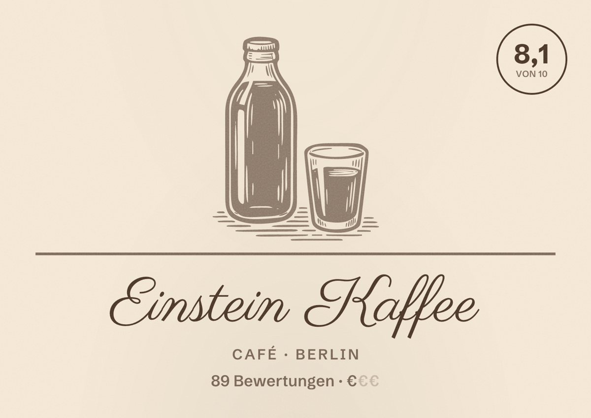 Illustriertes Poster von Einstein Kaffee, Café in Berlin: Bewertung 8,1 von 10 aus 89 Bewertungen, Preisniveau €