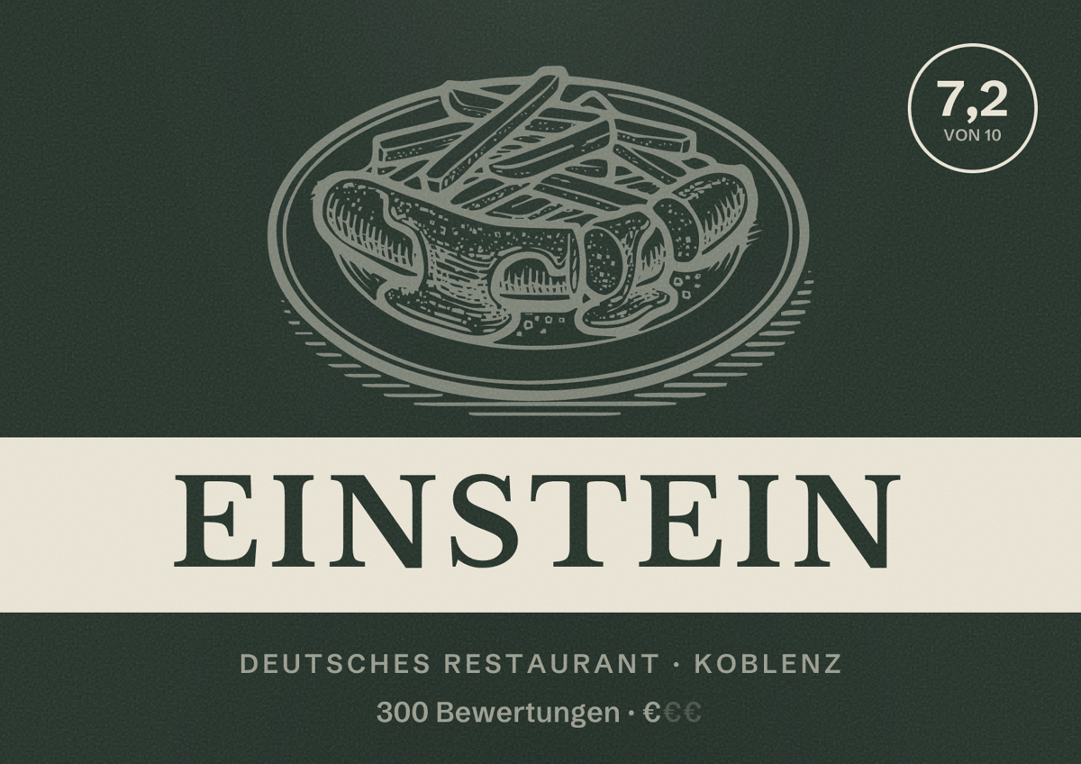 Illustriertes Poster von Einstein, Deutsches Restaurant in Koblenz: Bewertung 7,2 von 10 aus 300 Bewertungen, Preisniveau €