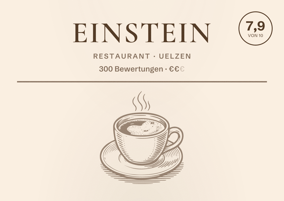 Illustriertes Poster von Einstein, Restaurant in Uelzen: Bewertung 7,9 von 10 aus 300 Bewertungen, Preisniveau €€