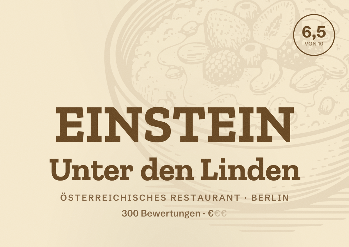 Illustriertes Poster von EINSTEIN Unter den Linden, Österreichisches Restaurant in Berlin: Bewertung 6,5 von 10 aus 300 Bewertungen, Preisniveau €
